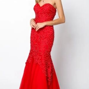 Red Strapless Embroidered Lace Beaded Mermaid Dress